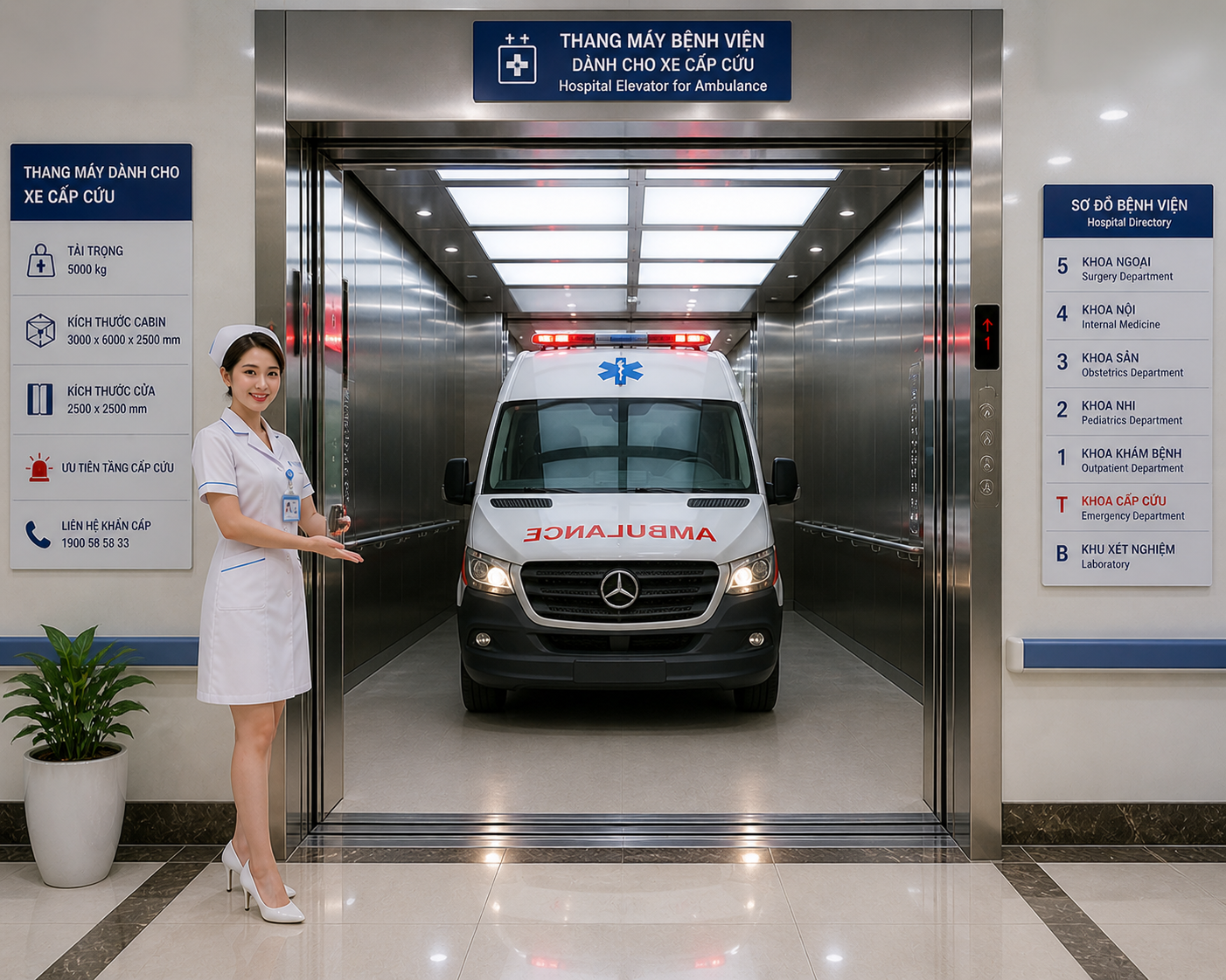 Thang máy bệnh viện chuyên dụng cho xe cấp cứu Mercedes đang đỗ, y tá đứng cạnh cửa chào đón